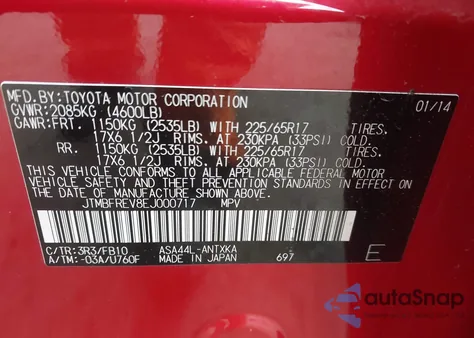 2014 Toyota Rav4 Le from USA, damaged, VIN JTMBFREV8EJ000717